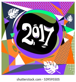 Happy New Year 2017 background. Calendar cover template. Colorful & Modern memphis style background. Greeting card vector illustration.