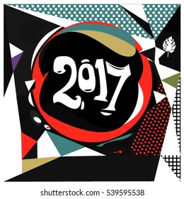 Happy New Year 2017 background. Calendar cover template. Colorful & Modern memphis style background. Greeting card vector illustration.