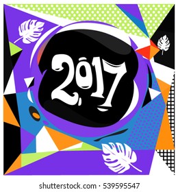 Happy New Year 2017 background. Calendar cover template. Colorful & Modern memphis style background. Greeting card vector illustration.
