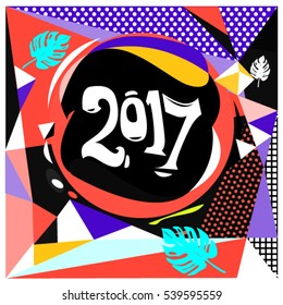 Happy New Year 2017 background. Calendar cover template. Colorful & Modern memphis style background. Greeting card vector illustration.