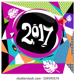Happy New Year 2017 background. Calendar cover template. Colorful & Modern memphis style background. Greeting card vector illustration.