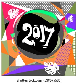 Happy New Year 2017 background. Calendar cover template. Colorful & Modern memphis style background. Greeting card vector illustration.