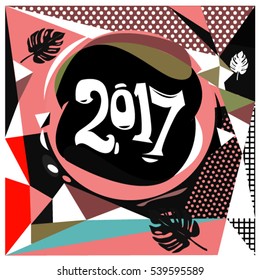 Happy New Year 2017 background. Calendar cover template. Colorful & Modern memphis style background. Greeting card vector illustration.