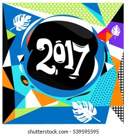 Happy New Year 2017 background. Calendar cover template. Colorful & Modern memphis style background. Greeting card vector illustration.
