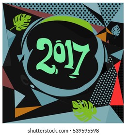 Happy New Year 2017 background. Calendar cover template. Colorful & Modern memphis style background. Greeting card vector illustration.