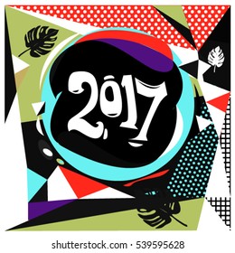 Happy New Year 2017 background. Calendar cover template. Colorful & Modern memphis style background. Greeting card vector illustration.