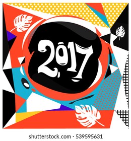 Happy New Year 2017 background. Calendar cover template. Colorful & Modern memphis style background. Greeting card vector illustration.