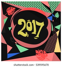 Happy New Year 2017 background. Calendar cover template. Colorful & Modern memphis style background. Greeting card vector illustration.