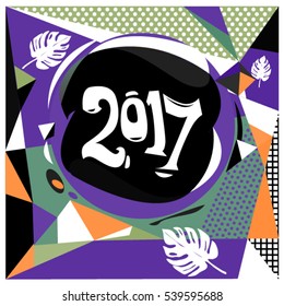 Happy New Year 2017 background. Calendar cover template. Colorful & Modern memphis style background. Greeting card vector illustration.