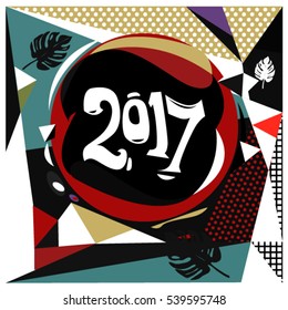 Happy New Year 2017 background. Calendar cover template. Colorful & Modern memphis style background. Greeting card vector illustration.