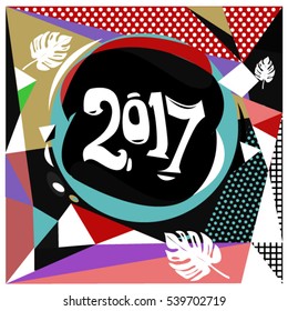 Happy New Year 2017 background. Calendar cover template. Colorful & Modern memphis style background. Greeting card vector illustration.