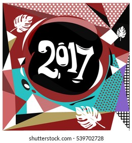 Happy New Year 2017 background. Calendar cover template. Colorful & Modern memphis style background. Greeting card vector illustration.