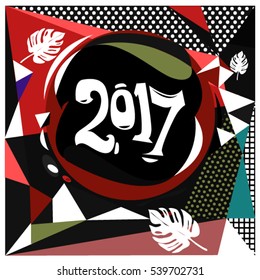 Happy New Year 2017 background. Calendar cover template. Colorful & Modern memphis style background. Greeting card vector illustration.