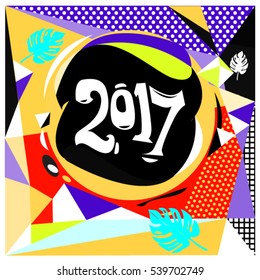 Happy New Year 2017 background. Calendar cover template. Colorful & Modern memphis style background. Greeting card vector illustration.