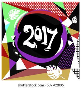 Happy New Year 2017 background. Calendar cover template. Colorful & Modern memphis style background. Greeting card vector illustration.