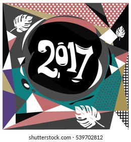 Happy New Year 2017 background. Calendar cover template. Colorful & Modern memphis style background. Greeting card vector illustration.