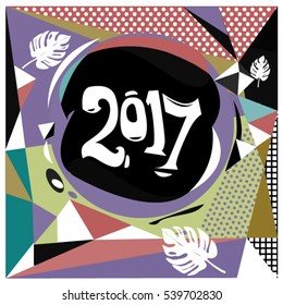Happy New Year 2017 background. Calendar cover template. Colorful & Modern memphis style background. Greeting card vector illustration.