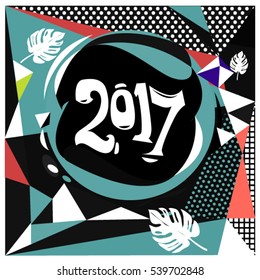 Happy New Year 2017 background. Calendar cover template. Colorful & Modern memphis style background. Greeting card vector illustration.