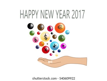 Happy New Year 2017 background. Symbol of money wishes for wealth, all the best come true, Calendar template. Colorful, for celebration background. Greeting card. Vector illustration.