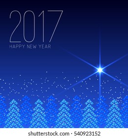 Happy New Year 2017 background with Christmas trees, snow and shining star. Vector illustration.