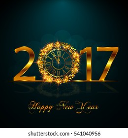 Happy New Year 2017. Background with golden sparkling texture. Vector iIlustration with gold clock