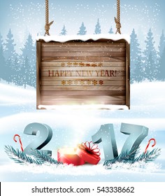 Happy New Year 2017 background with a wooden sign. Vector.