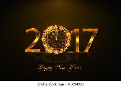 Happy New Year 2017. Background with golden sparkling texture. Vector illustration with gold clock