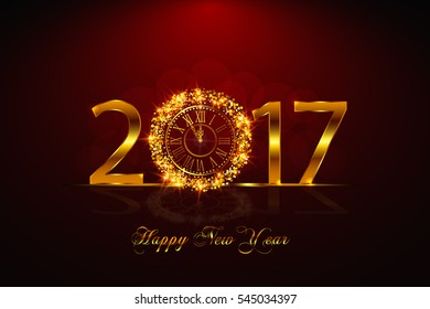 Happy New Year 2017. Background with golden sparkling texture. Vector illustration with gold clock