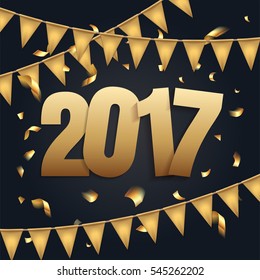 Happy New Year 2017 background with black and gold color, flags garland and confetti. Greeting card design celebration. Vector illustration