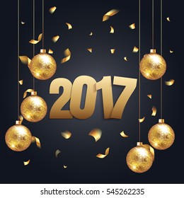 Happy New Year 2017 background with black and gold color, christmas ball and confetti. Greeting card design celebration. Vector illustration