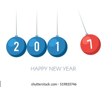 Happy New Year 2017. Balancing balls Newton's cradle. Vector illustration isolated on white background
