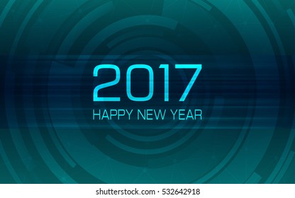 Happy new year 2017 with band in abstract technology circles on green color background (vector)