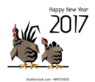 Happy New Year 2017 banner/poster/brochure/presentation. Vector image with cartoon rooster and chicken.