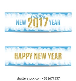 Happy New Year 2017 banners set. Blue background with bokeh, snow, fog and snowflakes. Golden text. Glitter sequins. Flyer and coupon design template. Vector EPS10 illustration.