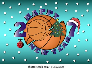 happy new year 2017 and basketball with Christmas tree, ball and hat. Vector illustration