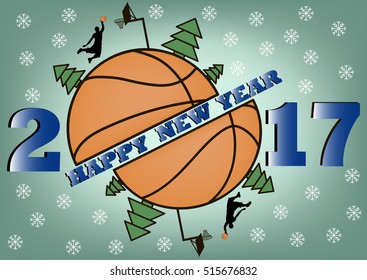 happy new year 2017 and basketball with Christmas trees. Basketball player scores in basket. Vector illustration