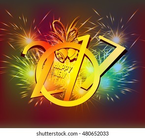 Happy New Year 2017 bell and fireworks colorful