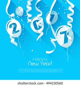 Happy New Year 2017 - blue greeting card with paper balloons and confetti