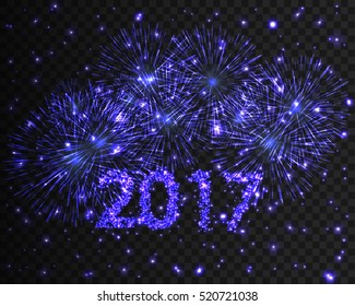 Happy New Year 2017 blue firework background. Greeting card with violet particle. Vector illustration eps10