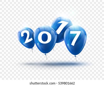 Feliz Año Nuevo 2017 diseño de globos azules. Tarjeta de saludo con la decoración de globos azules sobre transparente.