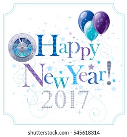 Happy new year 2017 blue logo icon border. Vector poster with silver clock, balloon. Abstract holiday design template. Vintage symbol, swirl pattern, text lettering banner. Isolated white background