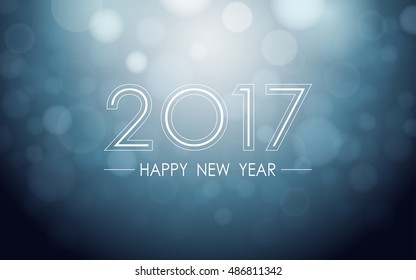 Happy new year 2017 with bokeh and lens flare pattern on blue color background (vector)