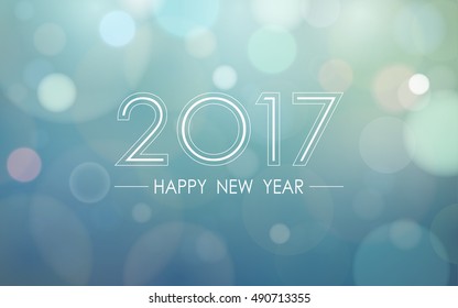 Happy new year 2017 with bokeh and lens flare pattern on blue color background (vector)