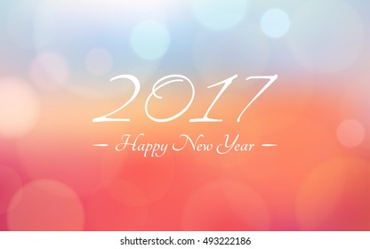 Happy new year 2017 with bokeh and lens flare pattern on rose quartz and blue color blurred background (vector)