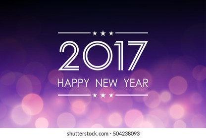 Happy new year 2017 with bokeh and lens flare pattern on dark purple color blurred background (vector)