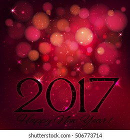 Happy new year 2017 with bokeh on dark pink color background. Vector illustration
