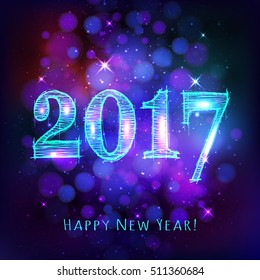 Happy new year 2017 with bokeh on dark purple color background. Vector illustration