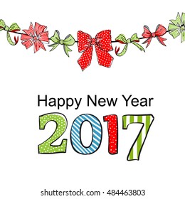 Happy New year 2017. Bows, garland decorations for Christmas tree illustration. Trendy greeting card, poster, flyer, banner, invitation design. Vector