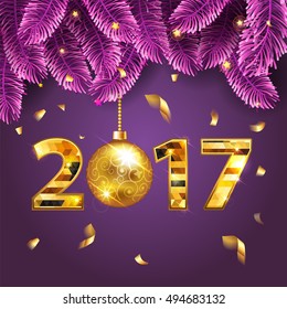 Happy New Year 2017 bright purple banner with fir-tree branches and gold confetti with a sparkle text and shining lights.  Rich, VIP, luxury Gold and black colors. Vector illustration