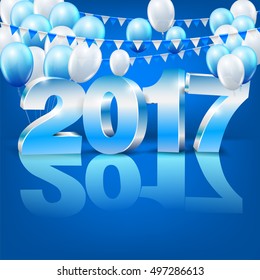 Happy New Year 2017 bright blue colored greeting card with 3D glossy numbers and balloons. Vector template